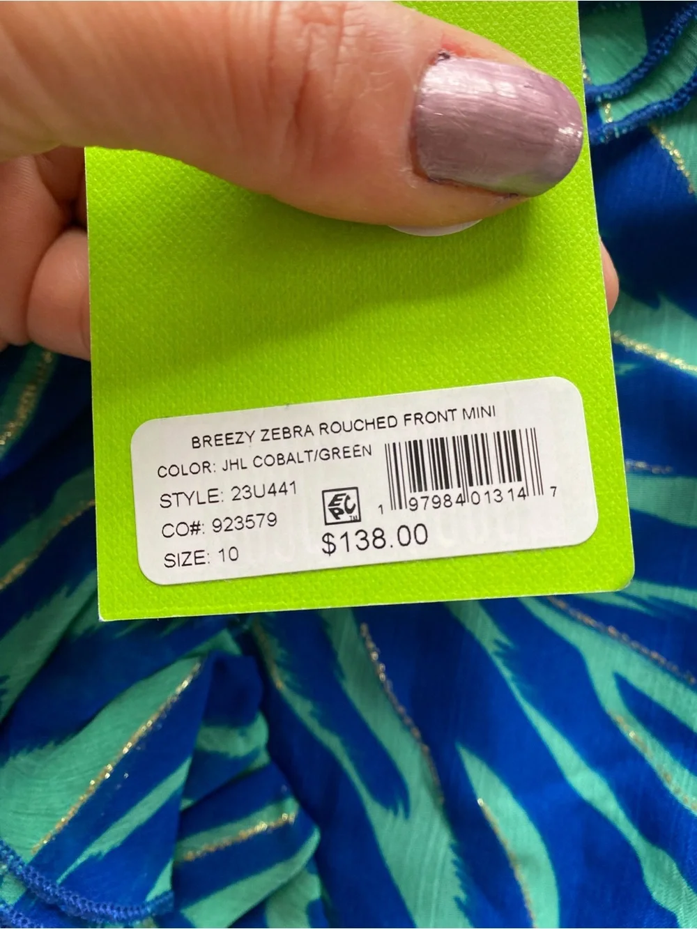 SAM EDELMAN Breezy Zebra Sleeveless Rouched Front Mini Dress in Blue & Mint! 🏝️